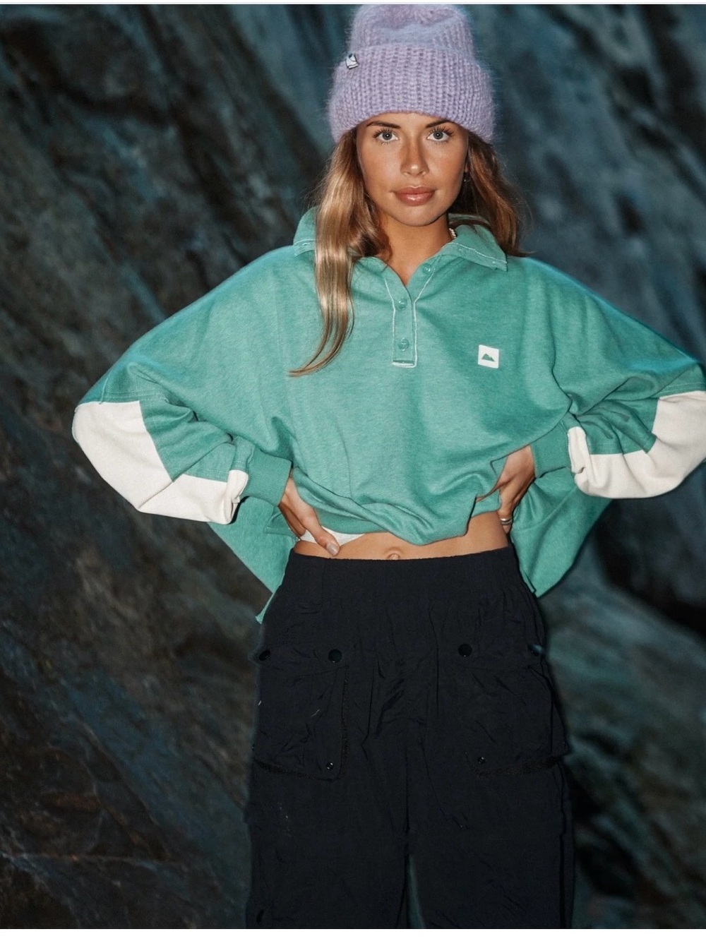 Cropped Mint Green Rugby Pullover Hoodie - Women
